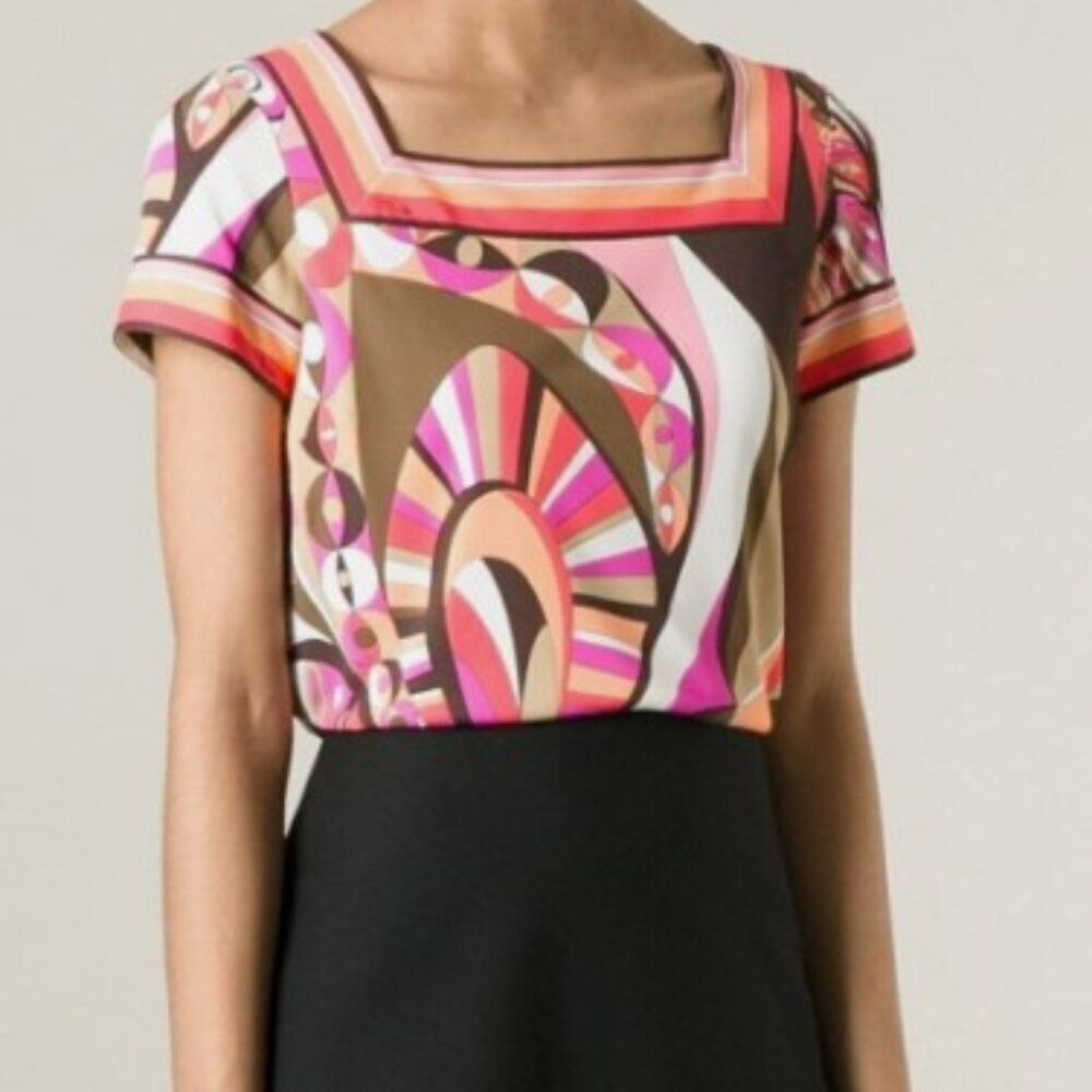 Emilio Pucci Silk Blend Square Neck Geometric Printed Top in Size 10 - Picture 1 of 11